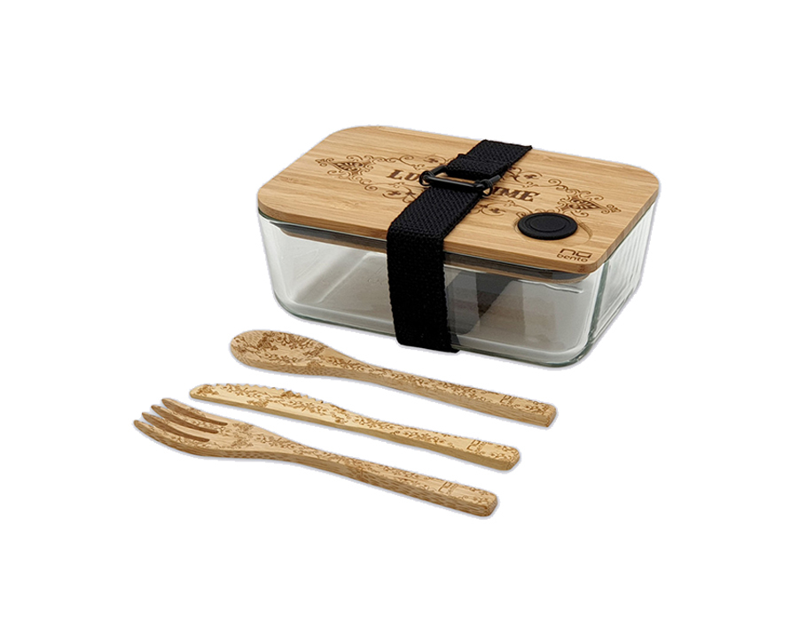 Lunch Box Glass & Bamboo with Cutlery (S)